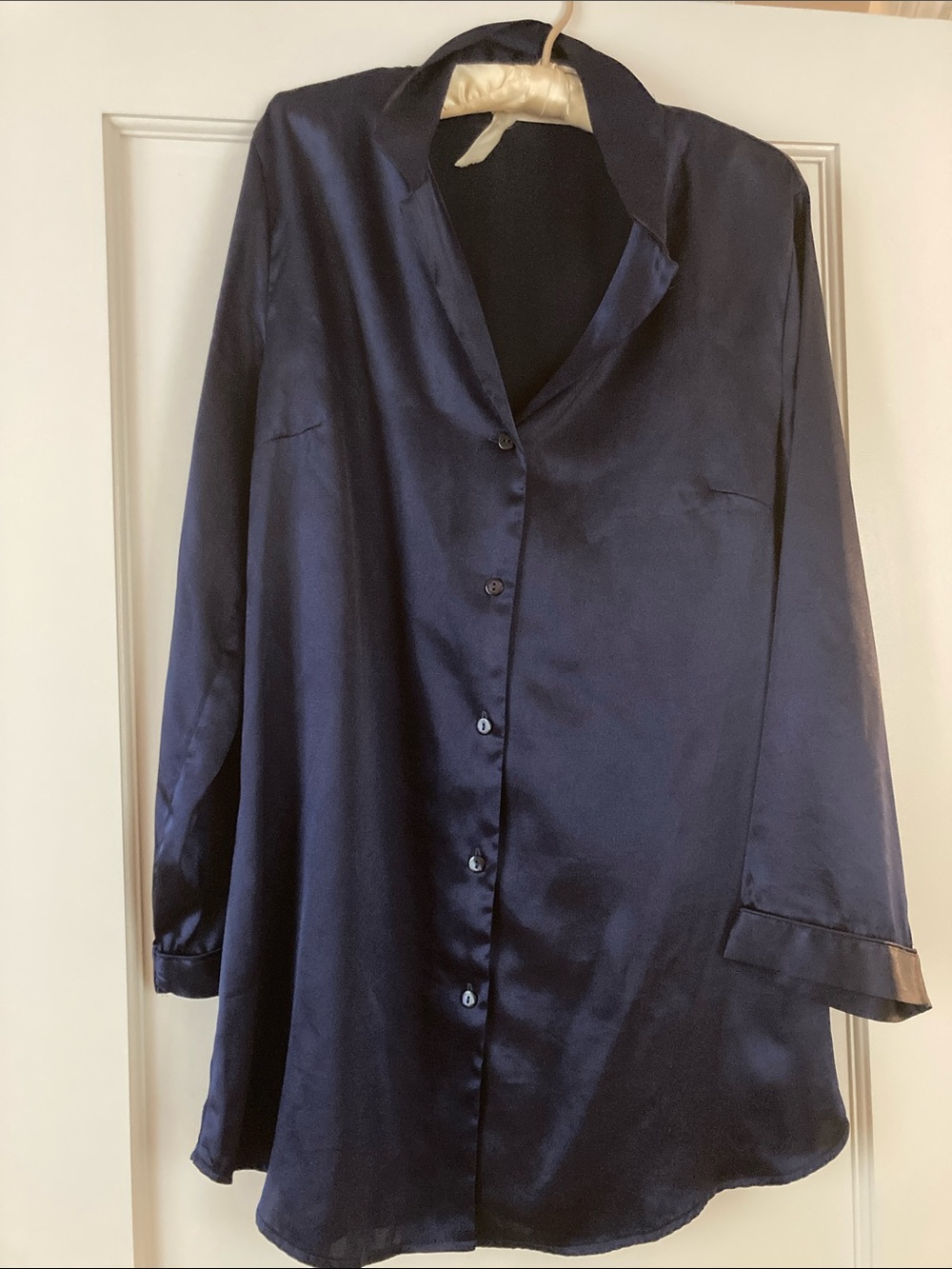 Silky Navy Button-Front Sleep Shirt